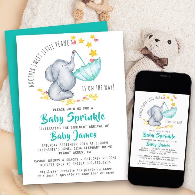 Invitación El Elefante Bebé Espolvoreó otro dulce cacahuete (Baby Elephant Baby Sprinkle invitation for another sweet little peanut!)