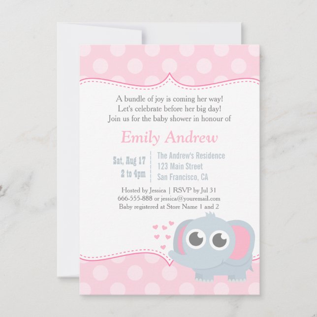 Invitación El elefante bebé Polka puntos rosado Baby Shower (Anverso)