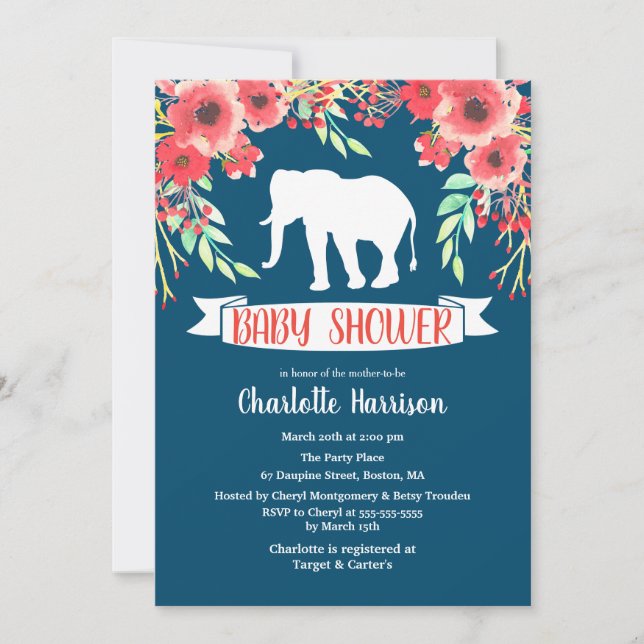 Invitación El elefante blanco floral de moda Baby Shower (Anverso)