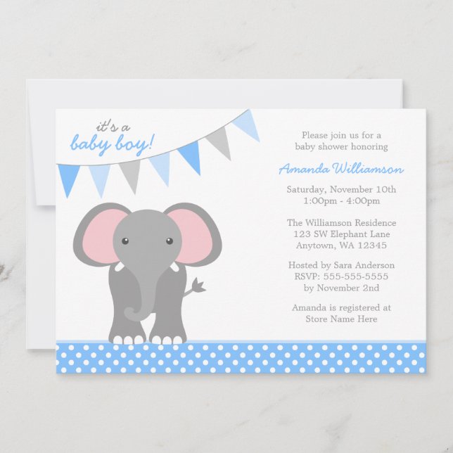 Invitación El elefante Blue Polka Dot, chico de la bandera Ba (Anverso)