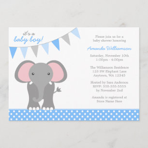 Invitación El elefante Blue Polka Dot, chico de la bandera Ba