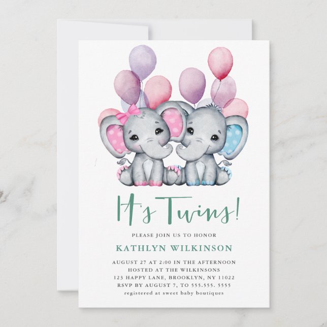 Invitación El elefante Chica gemelo Baby Shower (Anverso)