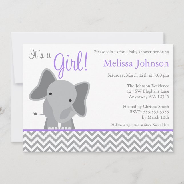 Invitación El elefante cutto Chevron morado Baby Shower (Anverso)