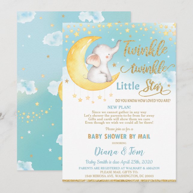 Invitación El elefante de estrella pequeña Twinkle Baby Showe (Anverso / Reverso)