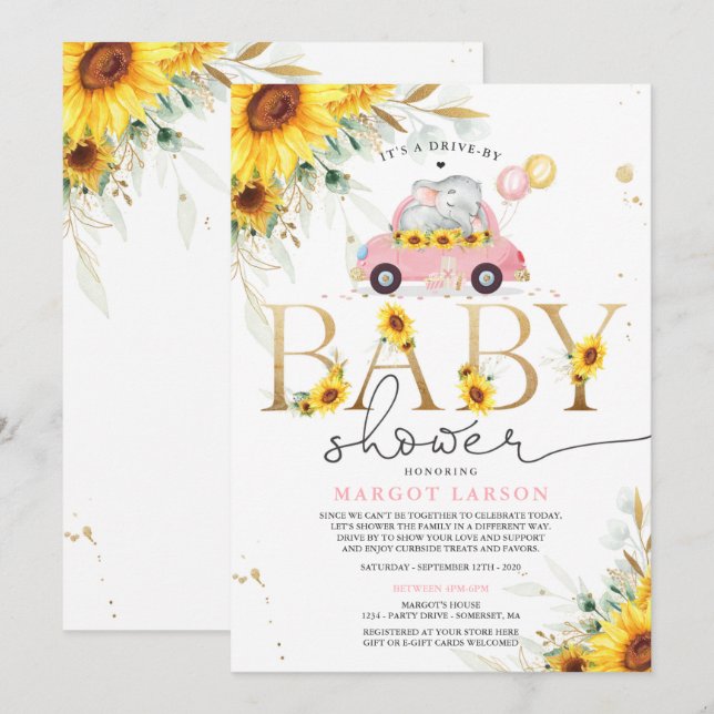 Invitación El Elefante De Girasol De Verdor Por Baby Shower (Anverso / Reverso)