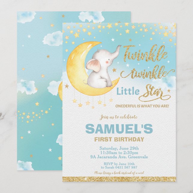 Invitación El elefante de la estrella pequeña Twinkle (Anverso / Reverso)