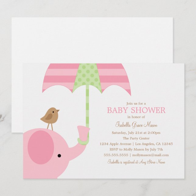 Invitación El elefante de rosas bebés el | Baby Shower invita (Anverso / Reverso)