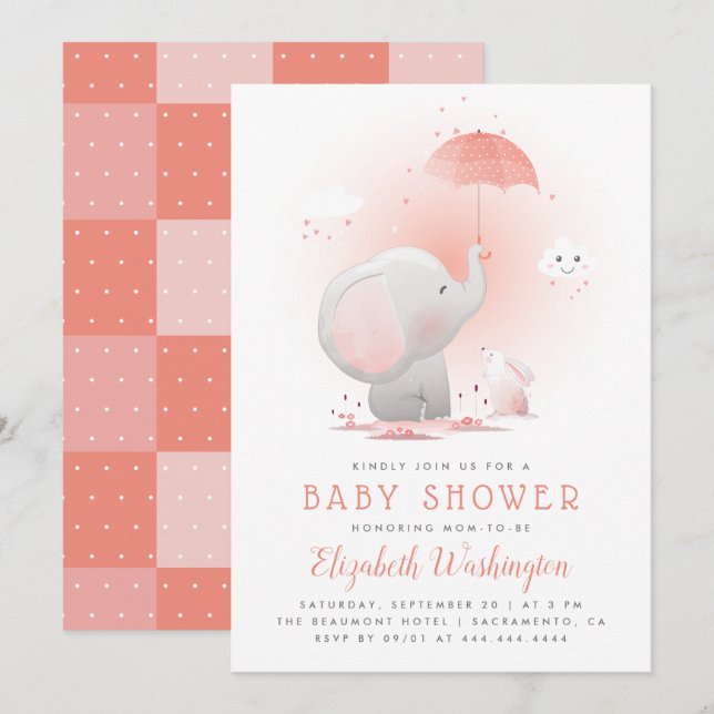 Invitación El elefante del paraguas y el Chica conejito Baby  (Anverso / Reverso)