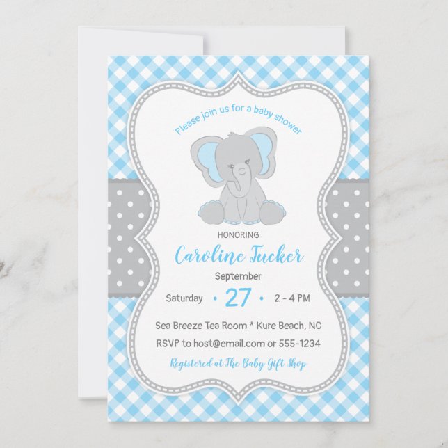 Invitación El elefante gris azul de Gingham (Anverso)
