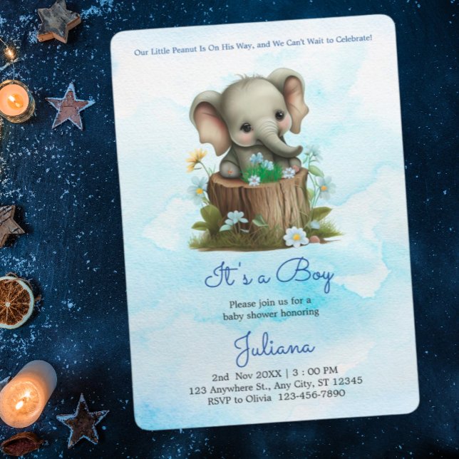 Invitación El elefante lindo azul Baby Shower su chico (Subido por el creador)