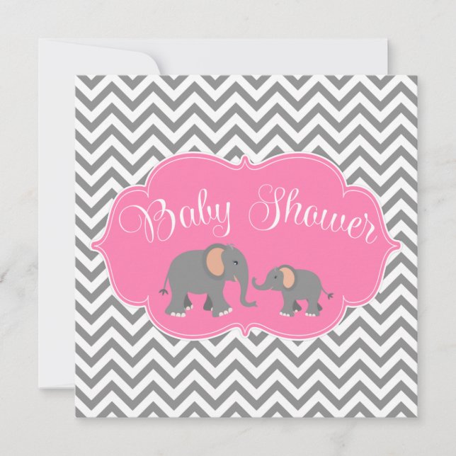 Invitación El elefante moderno Chevron gris rosa Baby Shower (Anverso)