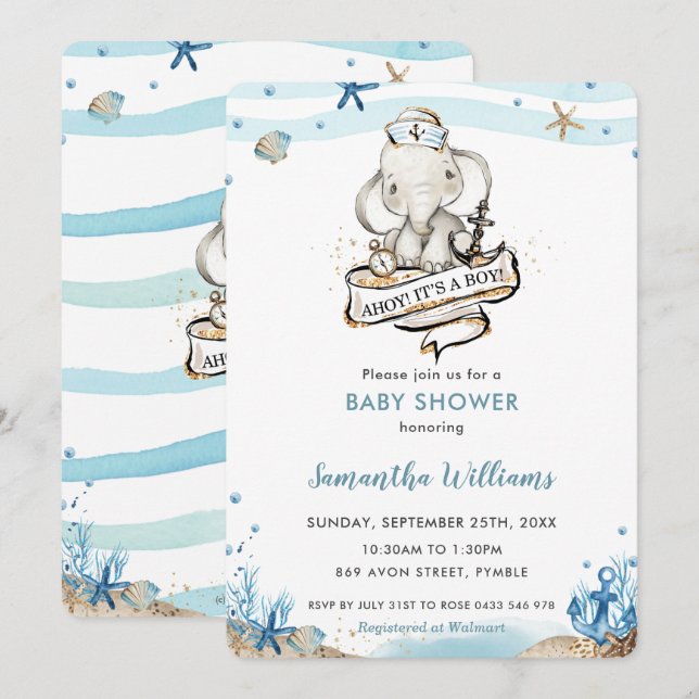 Invitación El elefante náutico lindo es un joven Baby Shower (Anverso / Reverso)