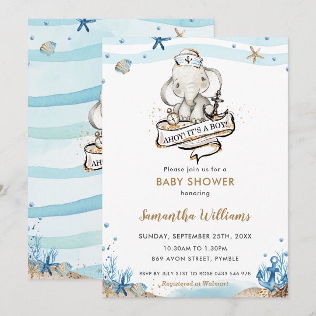 Invitación El elefante náutico lindo es un joven Baby Shower (Anverso / Reverso)