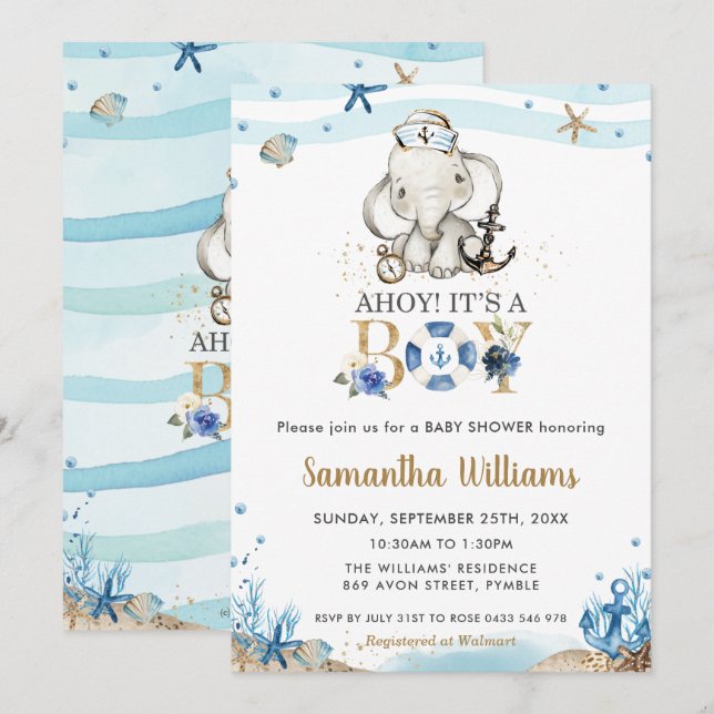 Invitación El elefante náutico lindo es un joven Baby Shower (Anverso / Reverso)