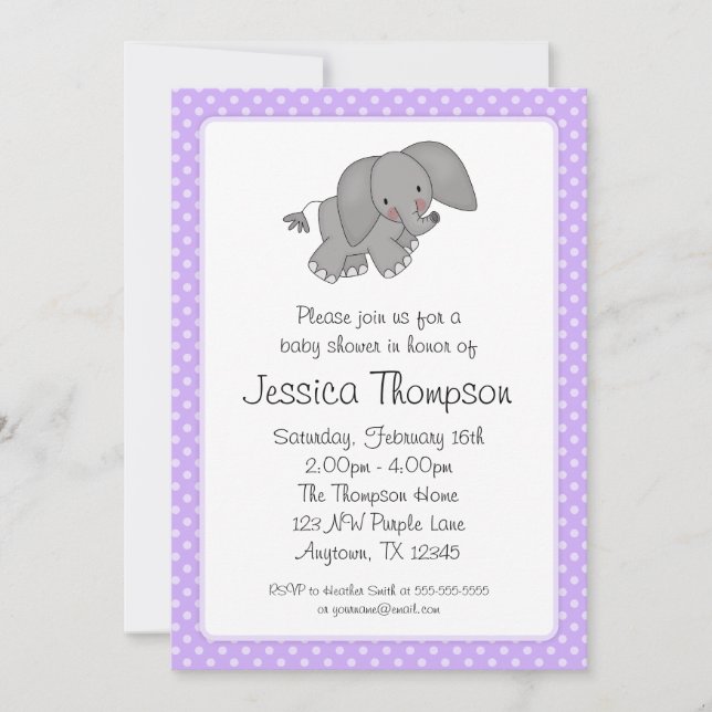 Invitación El elefante púrpura polka puntos Baby Shower (Anverso)