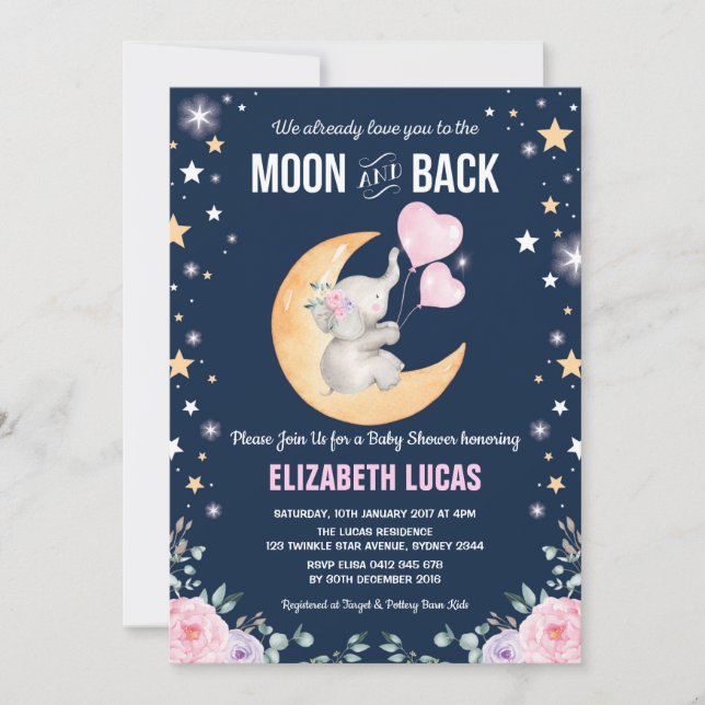 Invitación El elefante te ama a la luna y al Baby Shower (Anverso)