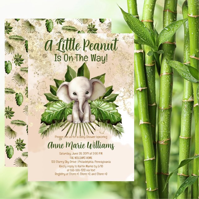 Invitación El Elefante Un Pequeño Cacahuete Está En Camino De (Cute Tropical Safari Elephant "A Little Peanut Is On The Way" Baby Shower Invitation)
