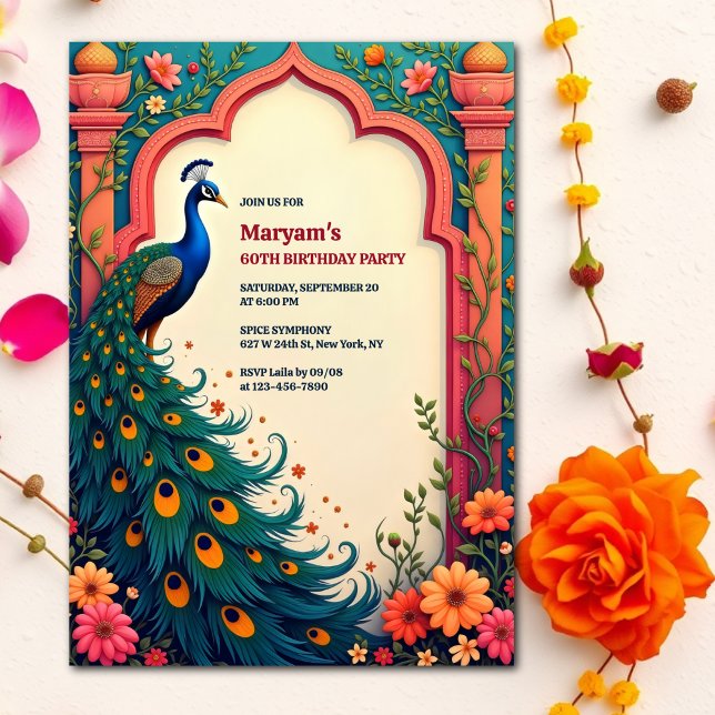 Invitación El elegante arco floral indio Peacock 60 cumpleaño (Indian Peacock Shashtipoorthi 60th Birthday Invitation)