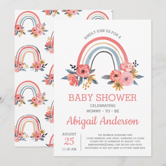 Invitación El elegante arcoiris floral floral de Baby Shower (Anverso / Reverso)