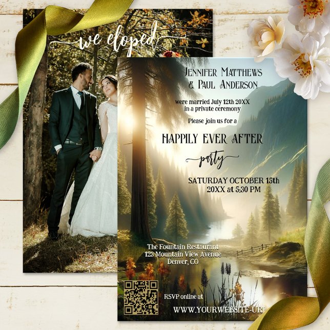 Invitación El Elopement feliz nunca después de la foto del Bo (Happily ever after wedding invitation featuring your photo and an enchanted forest in the mountains)