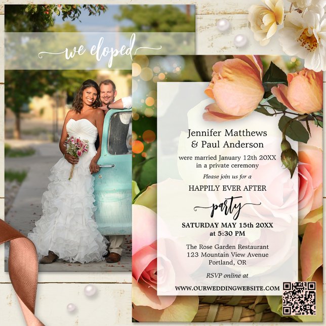Invitación El Elopement feliz nunca después de la foto del Bo (Boho chic happily ever after wedding party invitation with photo, roses and QR code template)
