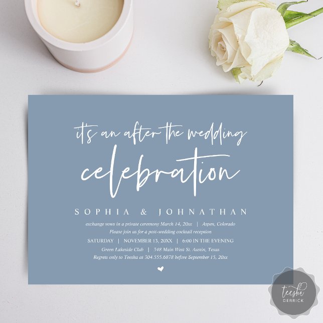 Invitación El Elopement moderno tras la celebración del boda (After the wedding celebration Invitation Card, Modern Dusty Blue Elopement Dinner, Party, Download)