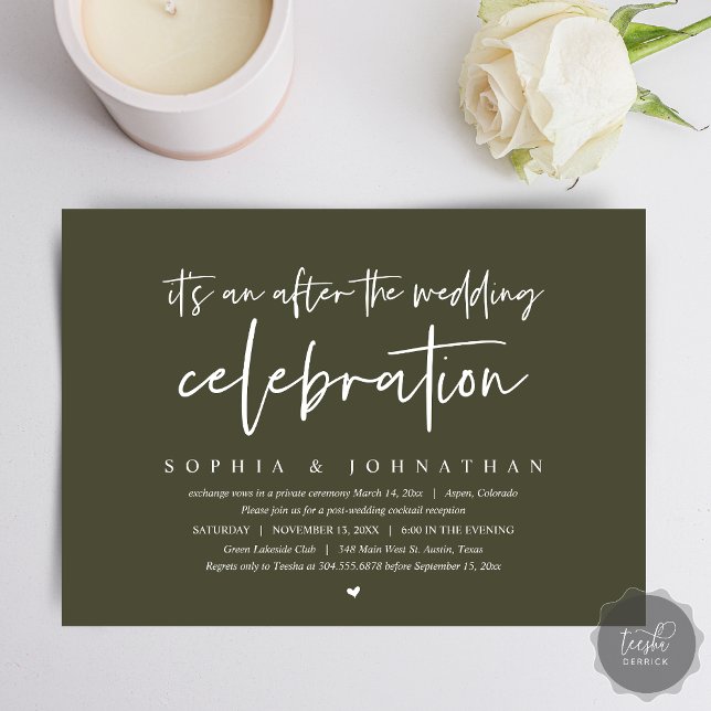 Invitación El Elopement moderno tras la celebración del boda (After the wedding celebration Invitation Card, Modern Olive Green Elopement Dinner, Party, Download)