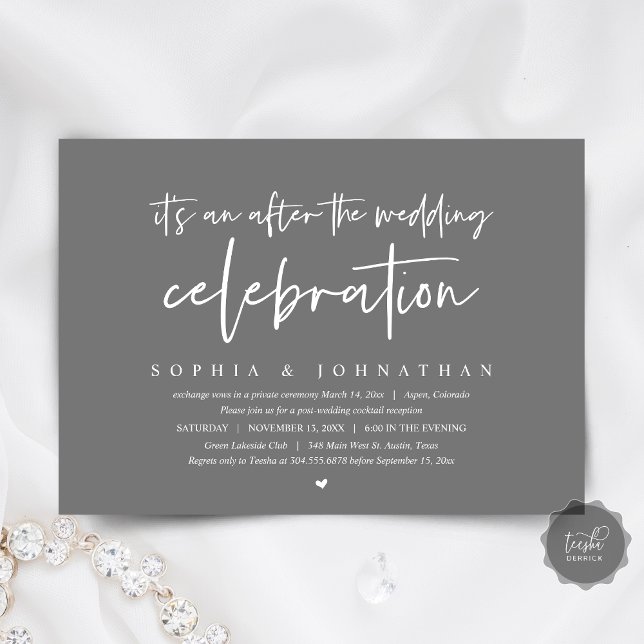 Invitación El Elopement moderno tras la celebración del boda (After the wedding celebration Invitation Card, Modern Dark Grey, Elopement Dinner, Party, Download)