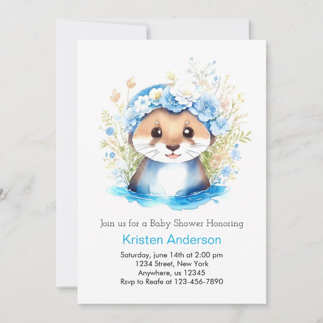 Invitación El encantado Baby Shower de Cute Otter Blue Floral (Anverso)