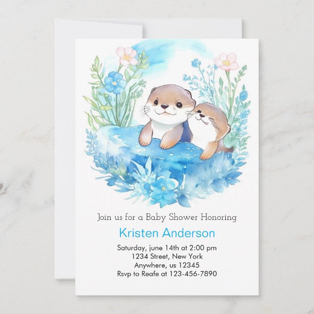Invitación El encantado Baby Shower de Otter Watercolor Boy (Anverso)