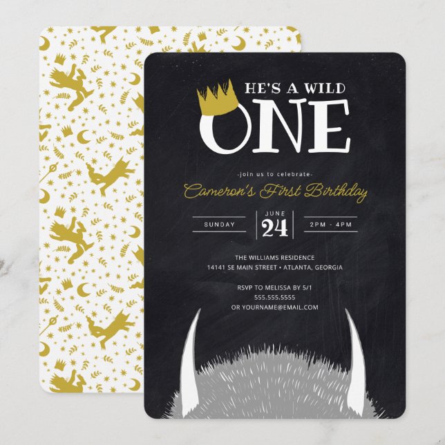Invitación Él es un Salvaje - Corona de Cumpleaños 1er Chalkb (Anverso / Reverso)