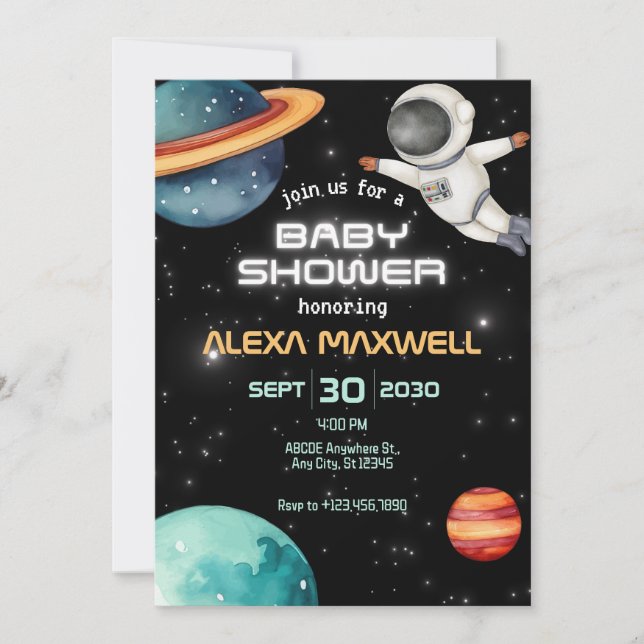Invitación El espacio negro brillante planeta astronauta duch (Anverso)