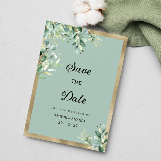 Invitación El eucalipto de oro de menta rústica sale de Save  (Rustic mint gold eucalyptus leaves Save The Date )