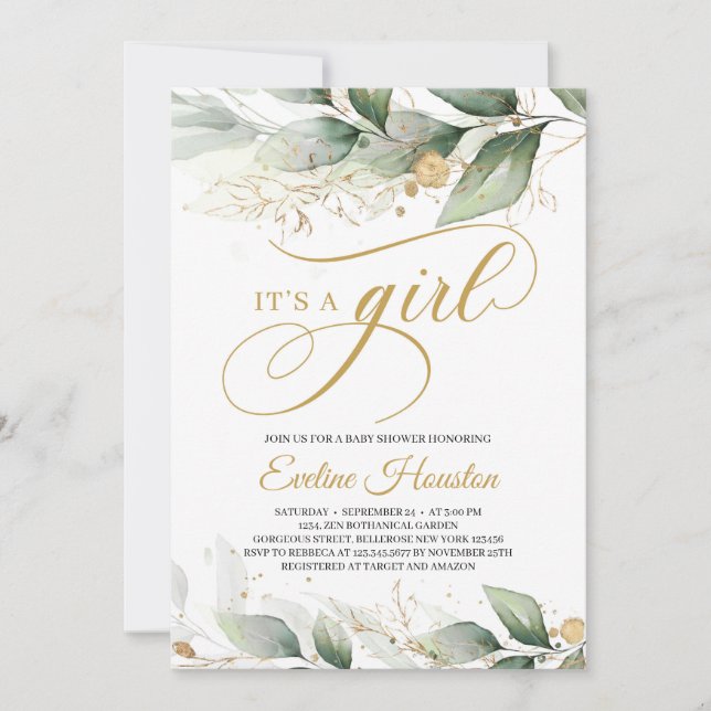 Invitación El eucalipto elegante deja una ducha de bebé chica (Anverso)