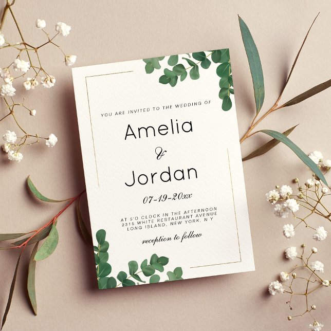 Invitación El eucalipto verde dorado blanco de lujo deja boda (Luxury white gold green eucalyptus leaves wedding )
