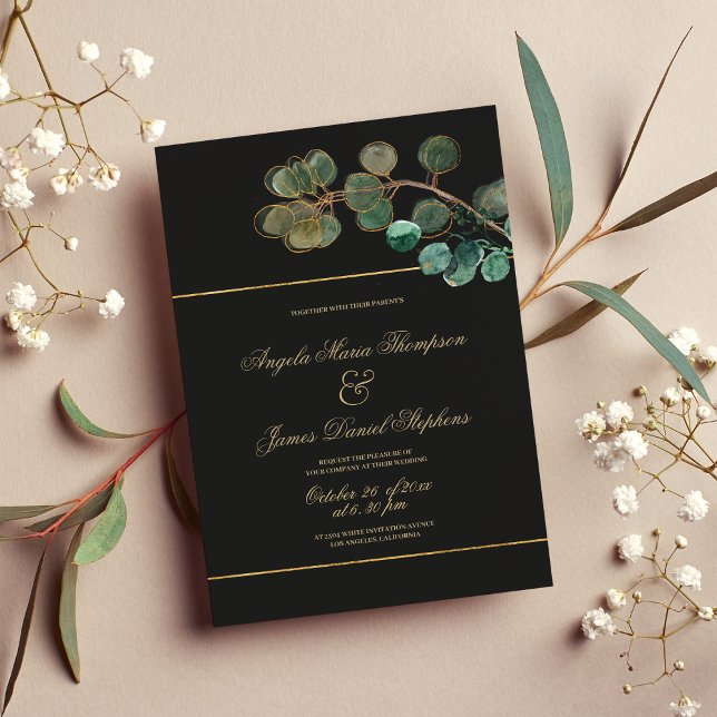 Invitación El eucalipto verde dorado negro de lujo deja boda (Luxury black gold green eucalyptus leaves wedding)