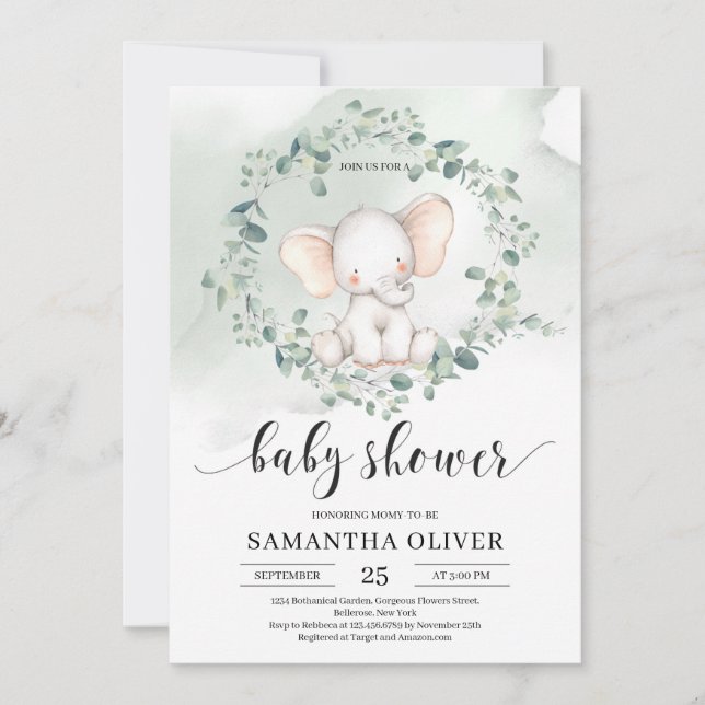 Invitación El eucalipto verde elefante deja Baby Shower (Anverso)