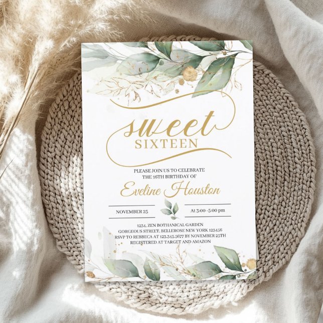 Invitación El eucalipto verde hojas de oro boho dulce diecisé (Greenery eucalyptus gold leaves boho sweet sixteen invitation)