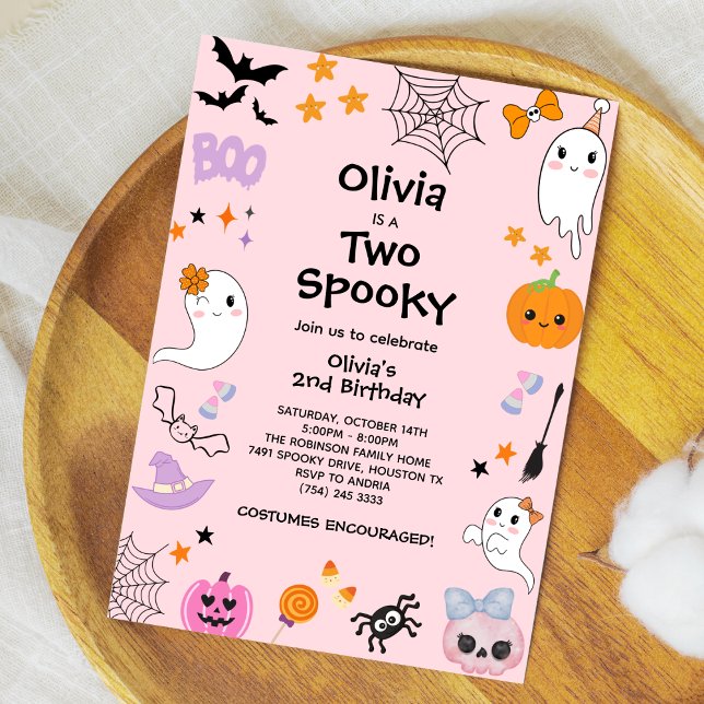 Invitación El fantasma rosado dos fantasmagórico Halloween se (Pink Two Spooky Cute Ghost Halloween 2nd Birthday Invitation )