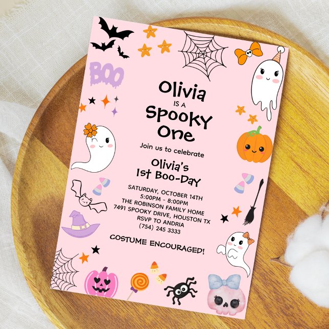 Invitación El fantasma rosado se asusta un lindo fantasma Hal (Pink Spooky One Cute Ghost Halloween 1st Birthday Invitation )