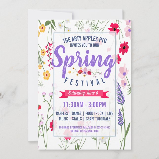 Invitación El festival de primavera de la Pta PTO de la (Anverso)