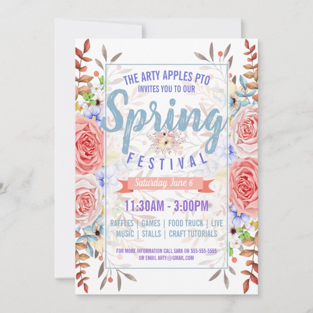 Invitación El festival de primavera de la Pta PTO de la (Anverso)