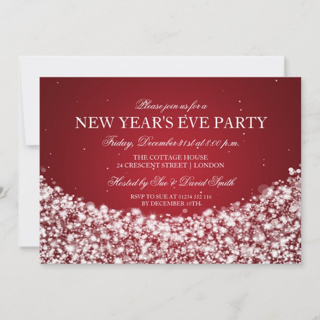 Invitación El fiesta Champán de Noche Vieja chispean rojo (Anverso)