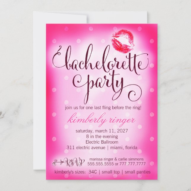 Invitación El fiesta de Bachelorette de las rosas fuertes (Anverso)