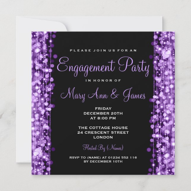 Invitación El fiesta de compromiso de la boda chispea púrpura (Anverso)