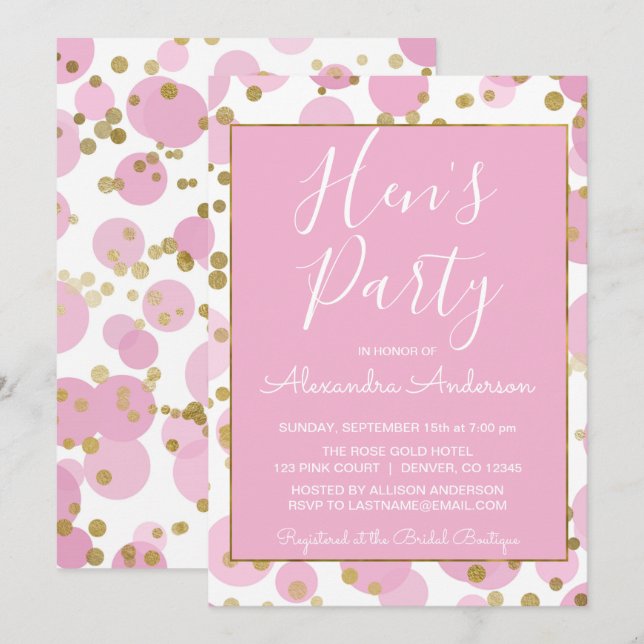Invitación El Fiesta de Confetti Hen, rosa y Relieve metaliza (Anverso / Reverso)