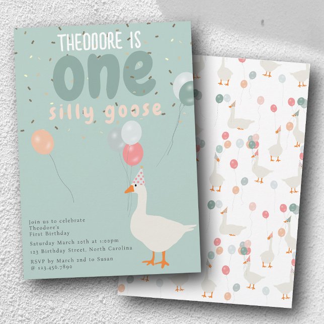 Invitación El Fiesta de cumpleaños 1 de un niño es un tonto g (Boy's One Silly Goose 1st Birthday Party Blue Invitation)