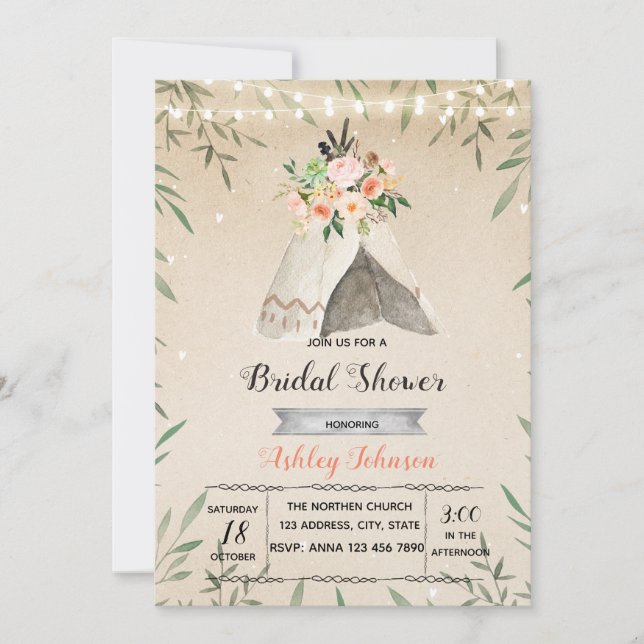Invitación El fiesta de ducha nupcial de Glamping invita (Anverso)