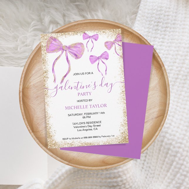 Invitación El Fiesta de Galentine Purpurina Gold Purple Bows (purple bows glitter gold)