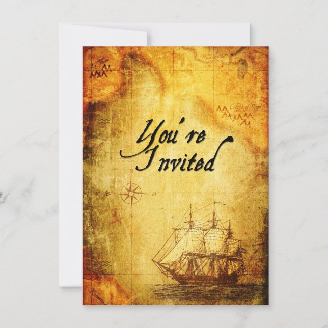 Invitación El fiesta de los piratas invita en mapa antiguo (Anverso)